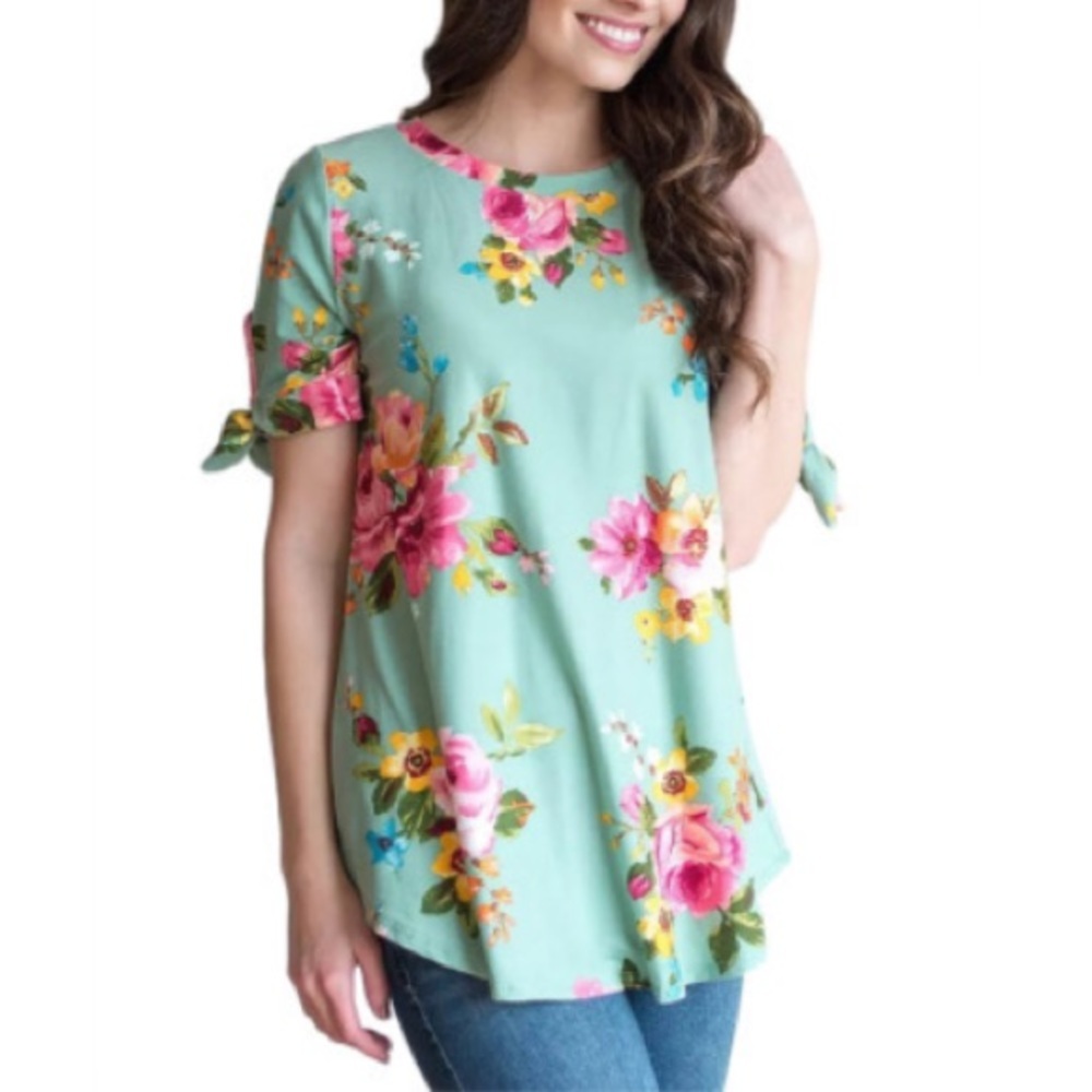 Mint Green Floral Tie Sleeve Tee